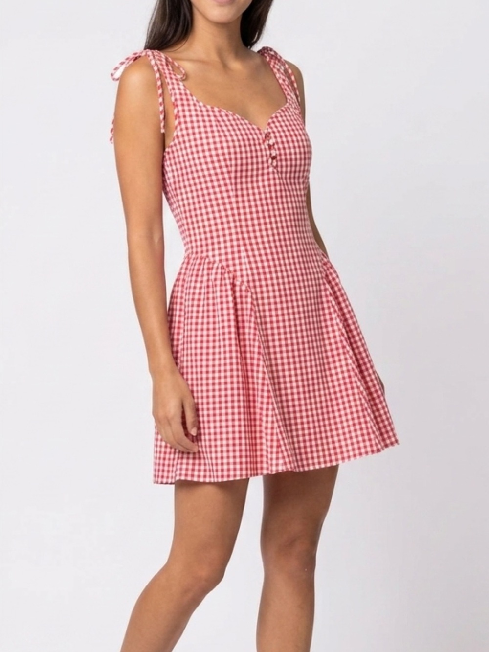 Red Gingham Tie-Shoulder Mini Dress NWOT